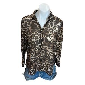 Bailey 44 Brown Leopard Sheer Button Up Shirt SMALL Sheer Career Top Blouse $204
